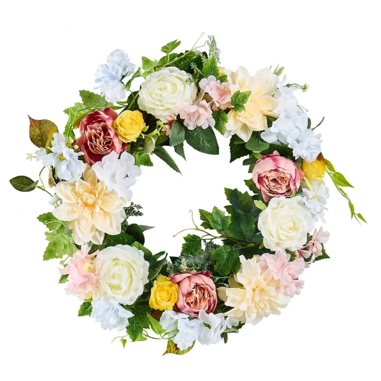 24 in Artificial Decorative Wreath White Pink Yellow Flowers for Indoor Outdoor Wall Decor